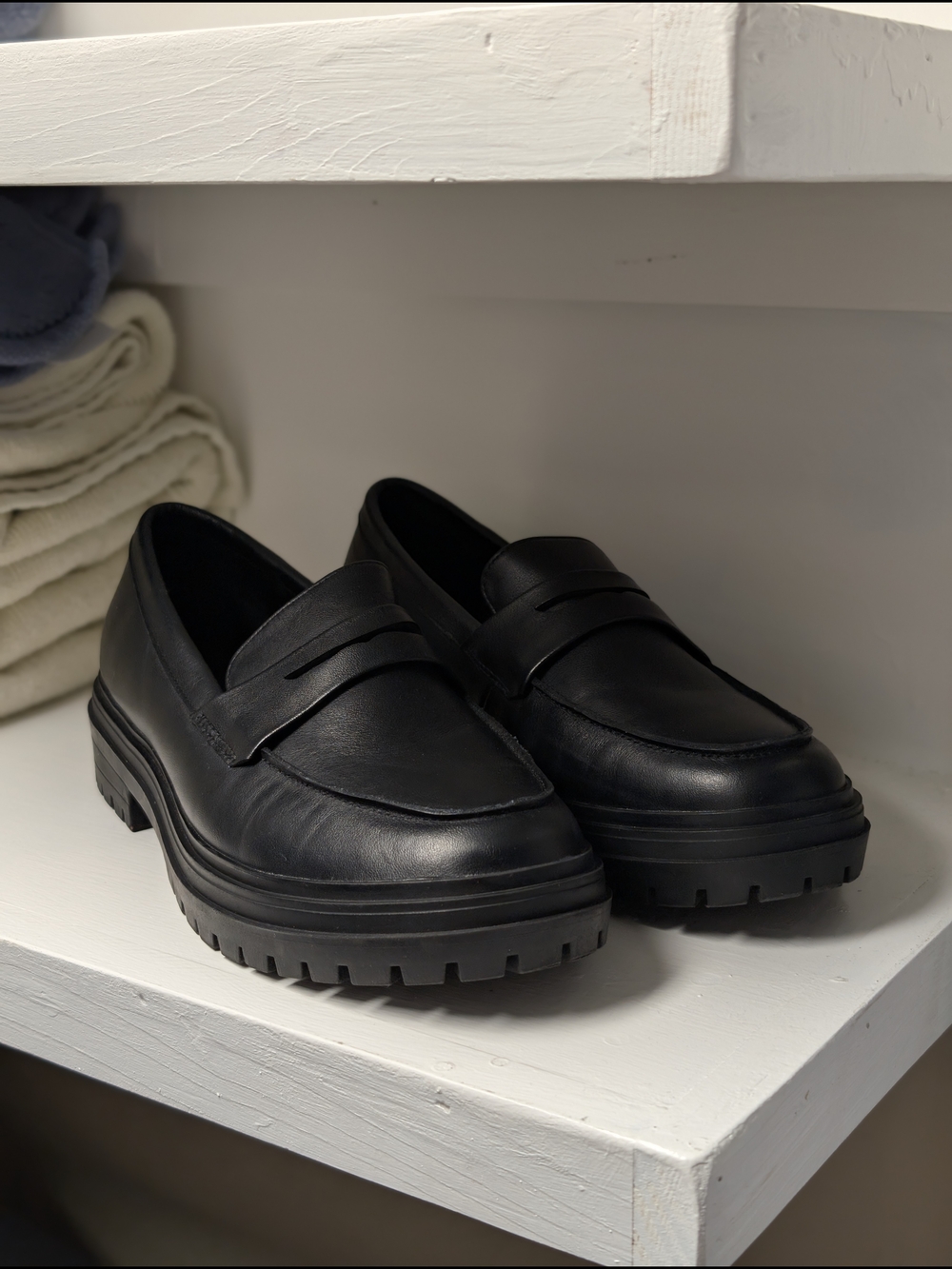 Quince Black Italian Leather Lug Sole Penny Loafers Size 11 Women's NEW